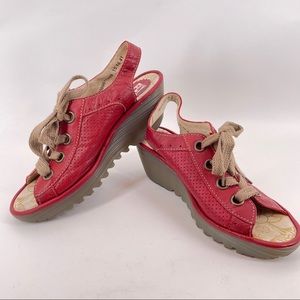 Fly London Cherry Red Leather Yla Wedge Lace Up Sandal Size 41/10